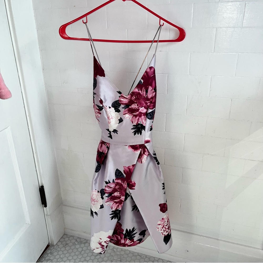 Macy’s Size 1 Juniors Pink/Purple Floral Homecoming Dress with Cross Back